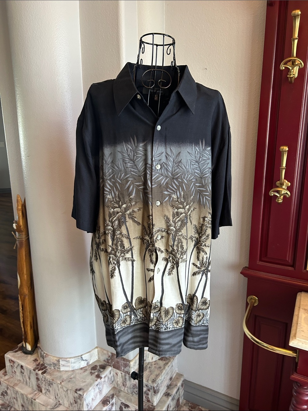Tropical Palm Print Hawaiian Shirt in Black and Cream
